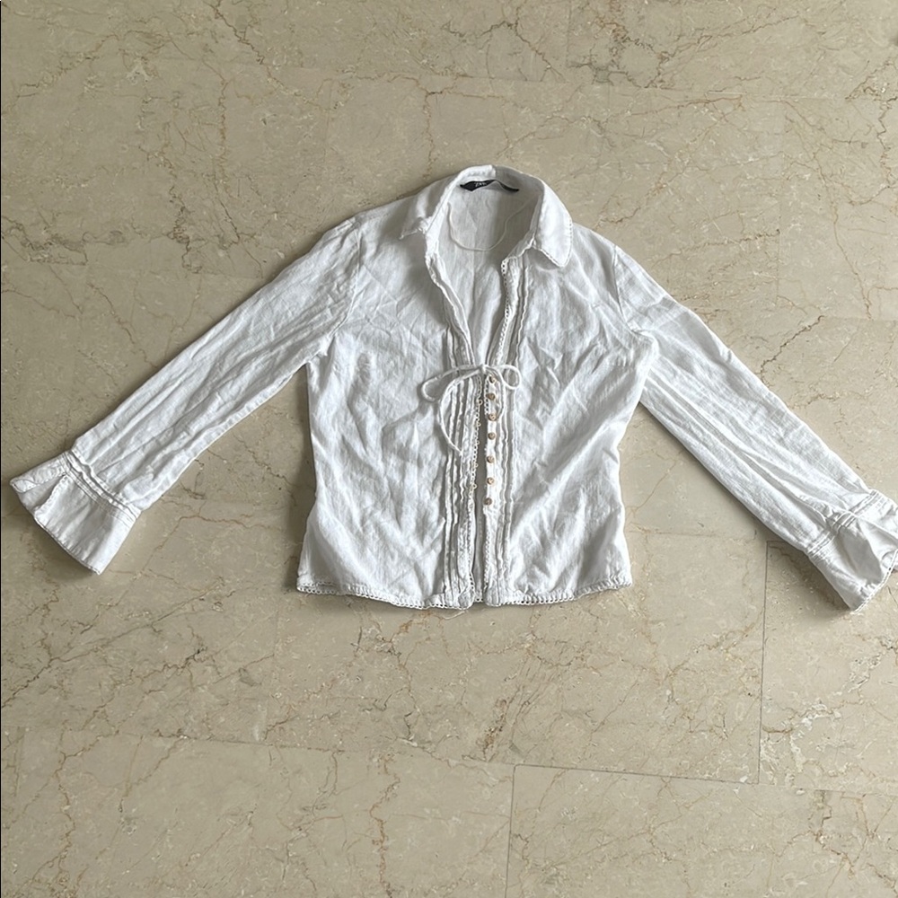 Zara White Fitted Long Sleeve Linen Blouse
